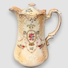 Antique Victorian Blushware Teapot with Matching Stand, Art Nouveau Form, Pink Rose Transfers & Gilt — listing 3