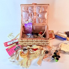Vintage Art Deco Wicker Sewing Basket with Hinged Lid and Fabric Top — listing 2