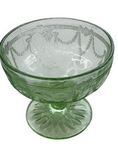 Vintage Green Glass Footed Compote Bowl with Scalloped Rim — listing 4