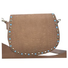 Kiss Me Couture Mauve Vegan Suede Saddle Crossbody Bag with Tooled Floral Embossing and Whipstitch Trim — listing 4