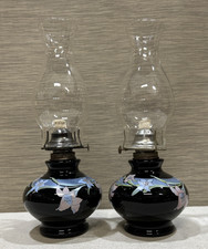 Vintage Hurricane Table Lamp with Ruffled Amber Glass Shade and Floral Milk Glass Font — listing 2