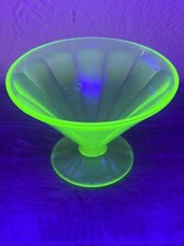 Vintage Uranium Green Depression Glass Footed Sundae Dish / Small Compote with Embossed Floral Scroll Pattern, 3 inches tall — listing 5