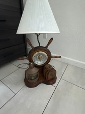 Nautical Barometer Table Lamp with Burlap Drum Shade on Wood Base — listing 2