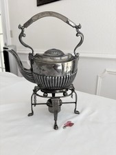 Pair of Silver Plate Tilting Tea/Coffee Kettles on Warming Stands with Rococo Scrollwork — listing 3