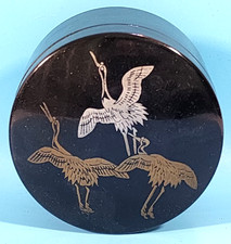 Japan Airlines (JAL) Black Lacquer Trinket Box with Gold & Silver Flying Crane Motif