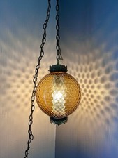 Vintage Victorian-Style Amber Glass Hanging Lamp Chandelier with Prisms