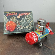 Vintage Battery-Operated Tin & Plastic Black Smoking Space Robot with Litho Chest and Red Feet — listing 2