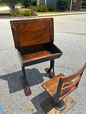 Vintage Wooden Single-Student School Desk with Lift-Top Lid