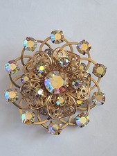 Vintage Gold-Tone Filigree Flower Brooch with Aurora Borealis Rhinestones — listing 4