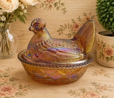 Iridescent Carnival Glass Hen on Nest Covered Dish — listing 2
