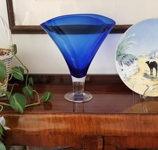 Vintage Blue Depression-Era Pressed Glass Fan Vase