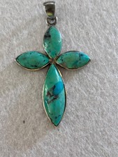 Pair of Sterling Silver Green Turquoise Oval Cabochon Pendant Drops / Charms — listing 5