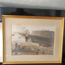 Framed Mediterranean Coastal Scene Print — Figure with Bicycle, Beach Cabins and Boats — listing 3