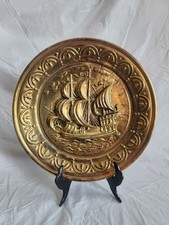 Set of 3 Vintage Embossed Brass Galleon Ship Wall Plates 11.5" Made in England — listing 3
