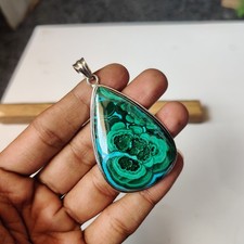Gold Tone Round Cabochon Pendant Necklace with Blue-Green Azurite-Malachite Style Stone — listing 5