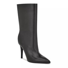 Women's Black Pointed-Toe Mid-Calf Stiletto Boots with Gold Buckle Accent, Size 10 — listing 5