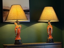 Pair of Mid-Century Chalkware Orientalist Figural Table Lamps — listing 6