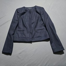 Navy Blue Collarless Tailored Blazer Jacket with Textured Weave