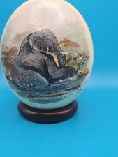 Hand-Painted Decorative Ostrich Egg with Black & White Checkerboard Pattern on Wire Stand