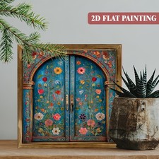 Vintage Red-Painted Wood Wall Shelf with Drawer and Fruit-Motif Backing