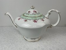 Paragon Fine Bone China 'Chrysanthemum' Teapot, White with Green Floral Border and Gold Trim