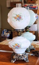 Vintage Pewter Tankard-Style Table Lamp with Hand-Painted Orange Rose Glass Shade — listing 5