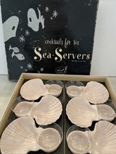 Vintage 1950s Cocktail Sea Servers Set — Pink Lustre Shell Dishes with Glass Cocktail Inserts, Original Boxes