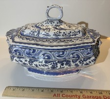 Blue and Gold Faience Covered Butter Dish with Drainer Insert