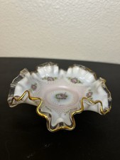 Vintage Pink & White Milk Glass Rose Embossed Trinket Box with Uranium Glass Lid — listing 6