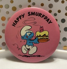 Vintage Smurf "Happy Smurfday" Pinback Button with Birthday Cake — listing 4