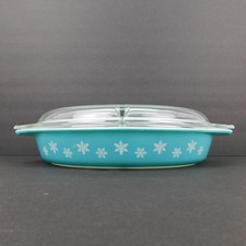 Vintage Pyrex 1.5 Qt Oval Casserole Dish with Clear Lid, Green Meadow / Wheat Floral Pattern (Promotional) — listing 4