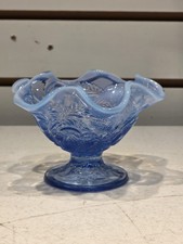 Blue Opalescent Ruffled Footed Vase with Block/Plaid Pattern — listing 4