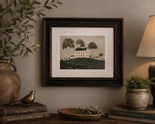 Vintage Framed Folk Art Print of House with Sunflowers, Fraktur-Style, 14.25 x 17.25