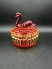 Vintage Amberina Glass Swan Covered Trinket/Powder Box with Figural Swan Finial (5" tall, 4.5" across) — listing 5