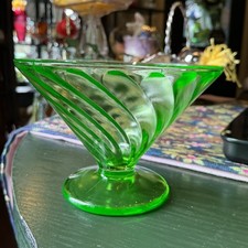 Green Uranium Depression Glass Footed Sorbet Glass with Grape & Cherry Pattern — listing 2