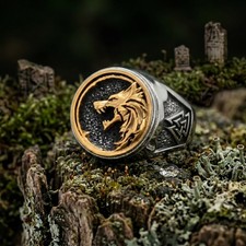 Silver-Tone Signet Ring with Valknut / Triangle Motif