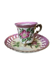 Vintage Lusterware Pedestal Teacup with Pink Rose Motif and Gold Trim — listing 5