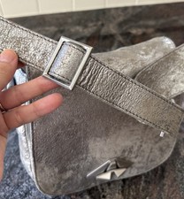 Vintage 1980s Multi-Color Striped Metallic Gold Leather Crossbody Handbag with Mirror — listing 5