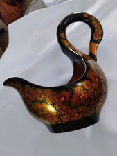 Russian Khokhloma Hand-Painted Wooden Kovsh (Sauce Boat/Scoop) with Golden Floral Motif