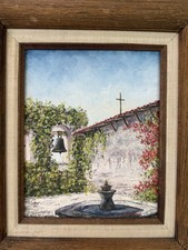 Original Oil Painting of California Spanish Mission with Bell Tower, Framed