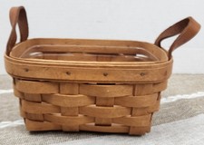 Longaberger Small Woven Basket with Leather Handle, Green/Red Trim, and Plastic Protector Insert