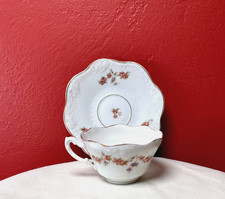 Vintage Translucent Fine China Cup and Saucer, Gray Wheat/Leaf Spray Pattern with Platinum Trim — listing 5