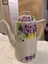 Vintage Porcelain Coffee Set with Purple Violets — Coffee Pot, Creamer, Covered Sugar Bowl — listing 2