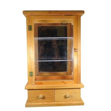 Vintage Pine Glass-Sided Illuminated Display Curio Cabinet with Mirror Back and Glass Shelves