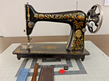 Antique Singer Electric Sewing Machine Head with Red Eye Decals, on Wood Base, listing 6