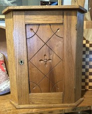 Vintage Oak Wall-Mounted Cabinet with Carved Foliate Panel Door — listing 6