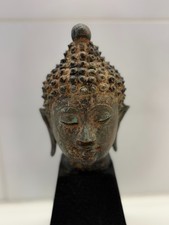 Cast Metal Buddha Head Sculpture with Ushnisha and Spiral Curls on Display Stand — listing 3