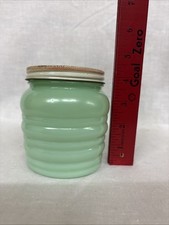 Vintage Jadeite Green Milk Glass Ribbed Jar / Vase with Threaded Neck — listing 6