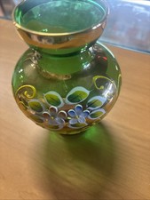 Vintage Clear Glass Flared Trumpet Vase with Gold Gilt Grape Leaf Decoration and Gold Bands — listing 3