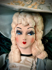 Vintage Cloth Boudoir Doll with Painted Felt Face, Straw Hat and Silk Dress